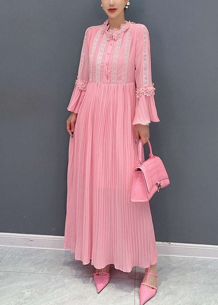 Pink Wrinkled Lace Patchwork Maxi Dress Flare Sleeve