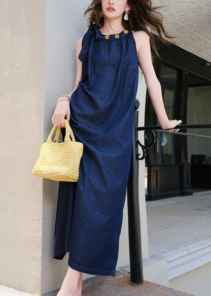 French Navy Lace Up Pockets Denim Long Dress Sleeveless