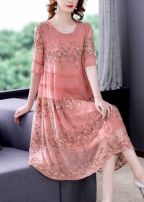 Pink O-neck Patchwork Print Tulle Party Dress Summer
