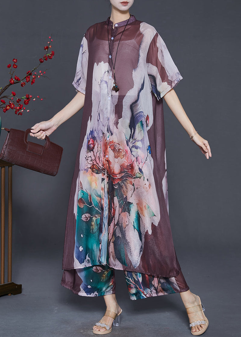 Brown Oversized Print Chiffon Two Piece Set Clothing Summer