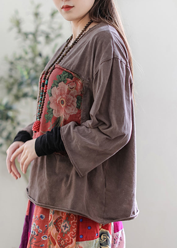 Coffee O-neck Appliques Top Long Sleeve