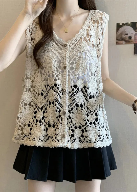 Apricot V Neck Hollow Out Knit Vest Sleeveless