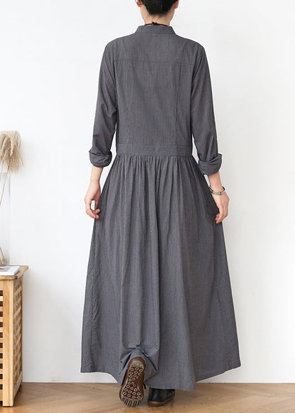 Grey Stand Collar Striped Cotton Shirts Dress Fall