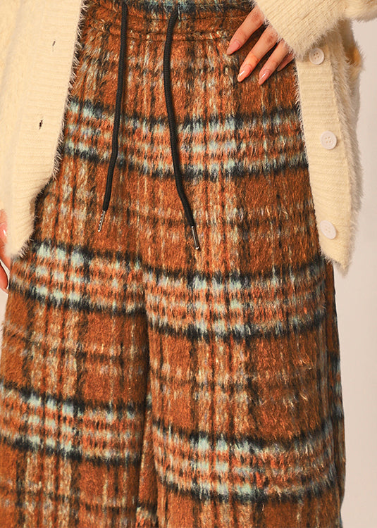 Coffee Plaid Pockets Elastic Waist Cotton Blend Wide Leg Pants Spring