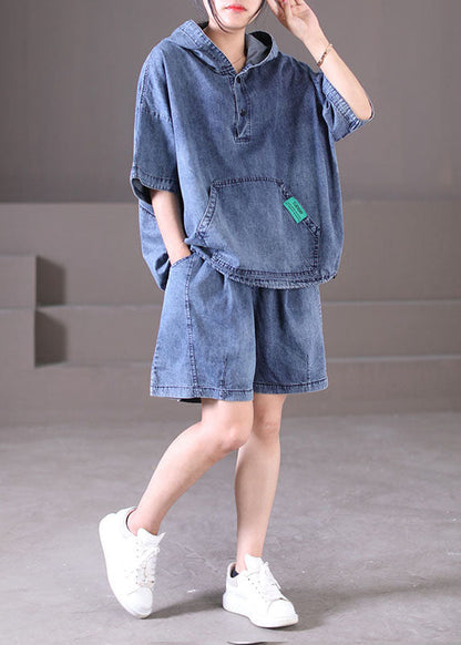 Denim Blue Cotton Tops and Shorts Two Piece Set Outfits Hooded Drawstring Summer
