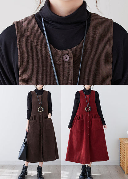 Red O-neck Patchwork Pockets Corduroy Maxi Dress Winter