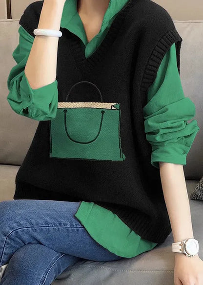 Italian Black Knit Vest and Shirts Patchwork Two Pieces Set Fall