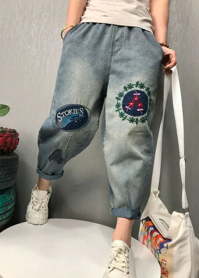 Blue Embroideried Denim Pants Spring