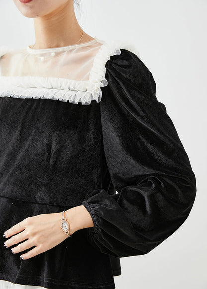 Diy Black Ruffled Patchwork Hollow Out Silk Velour Tops Fall