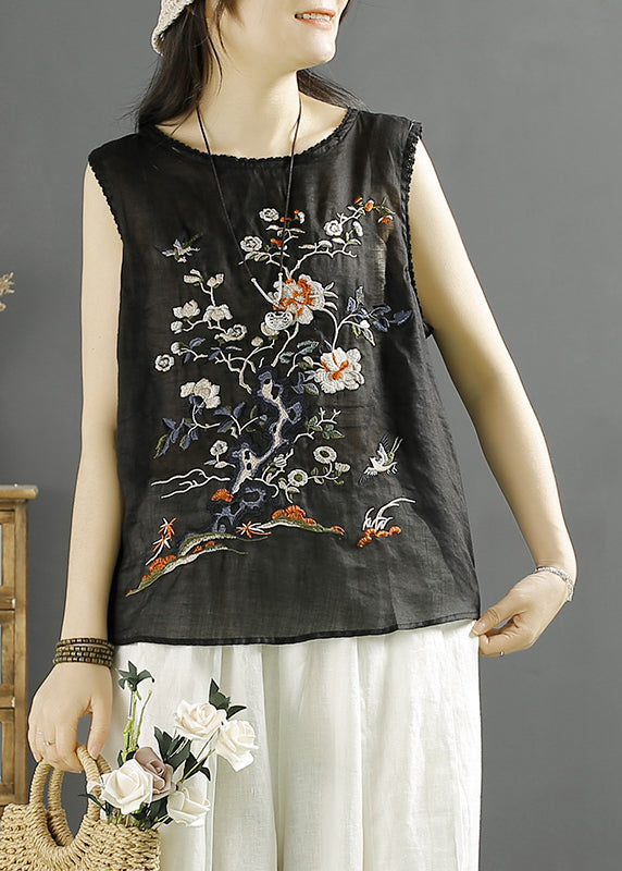 Handmade White O-neck Bird Embroideried Linen Tank Sleeveless