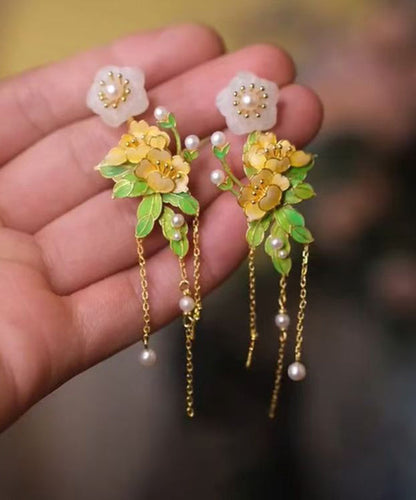 Gold Sterling Silver Overgild Jade Tassel Drop Earrings