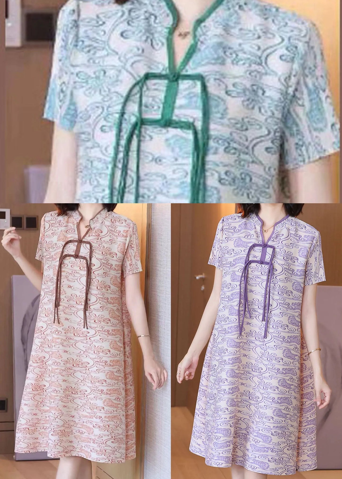 Khaki Print Tassel Side Open Silk a Line Dress Short Sleeve
