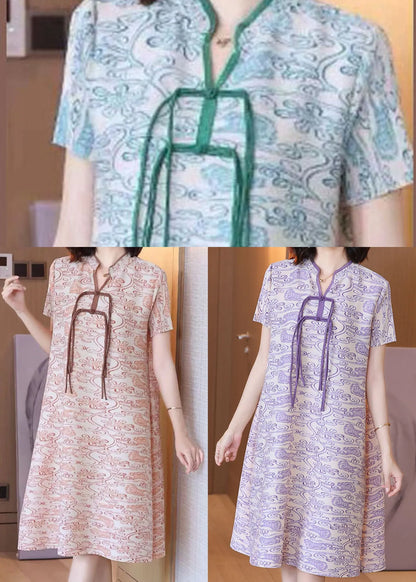 Purple Print Silk Mid Dress Stand Collar Draping Short Sleeve