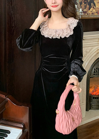 French Black Square Collar Lace Slim Fit Velour Dresses Spring