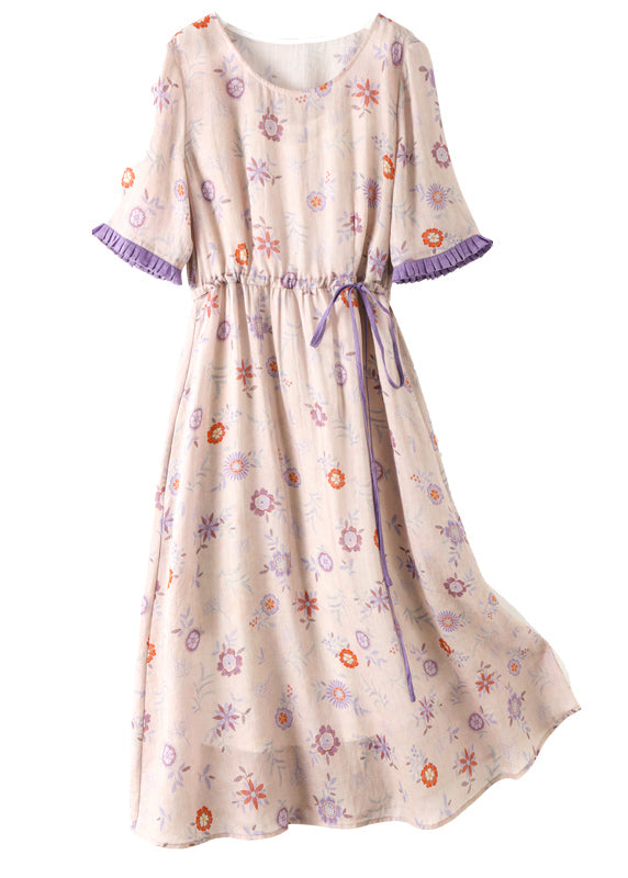 Modern Light Purple O-neck Drawstring Print Linen Party Dress Short Sleeve