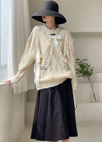 Diy Apricot Bow Hole Knit Sweaters Spring