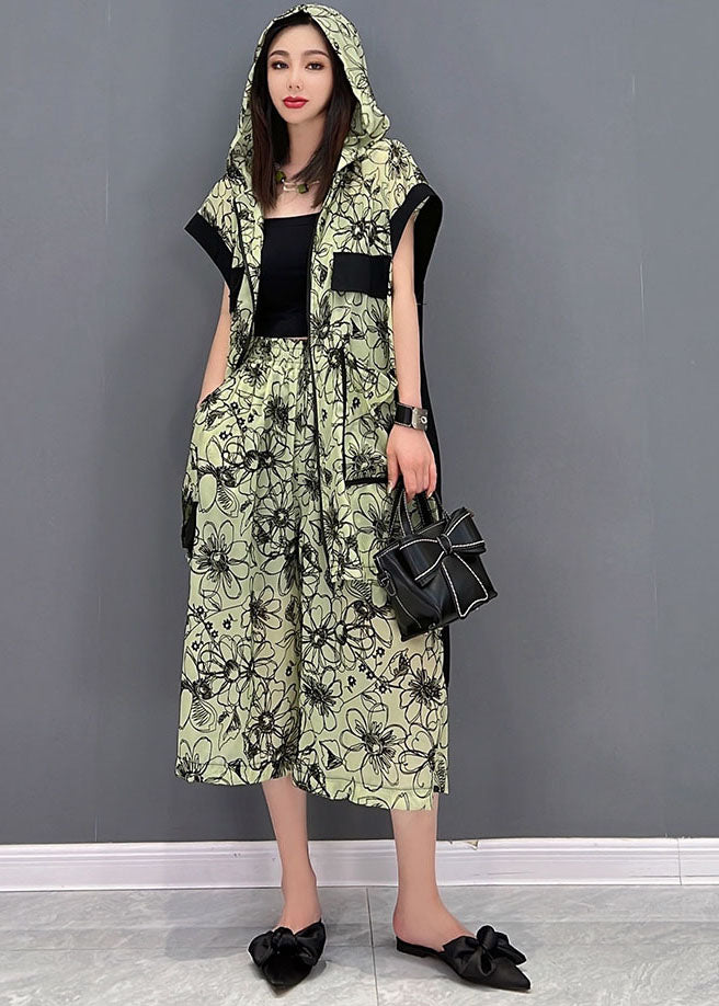 Green Hooded Patchwork Print Low High Design Chiffon Two Pieces Set Summer