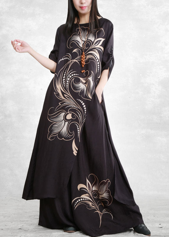 Black Asymmetrical Pockets Print Tops and Wide Leg Pants Two Pieces Set Spring