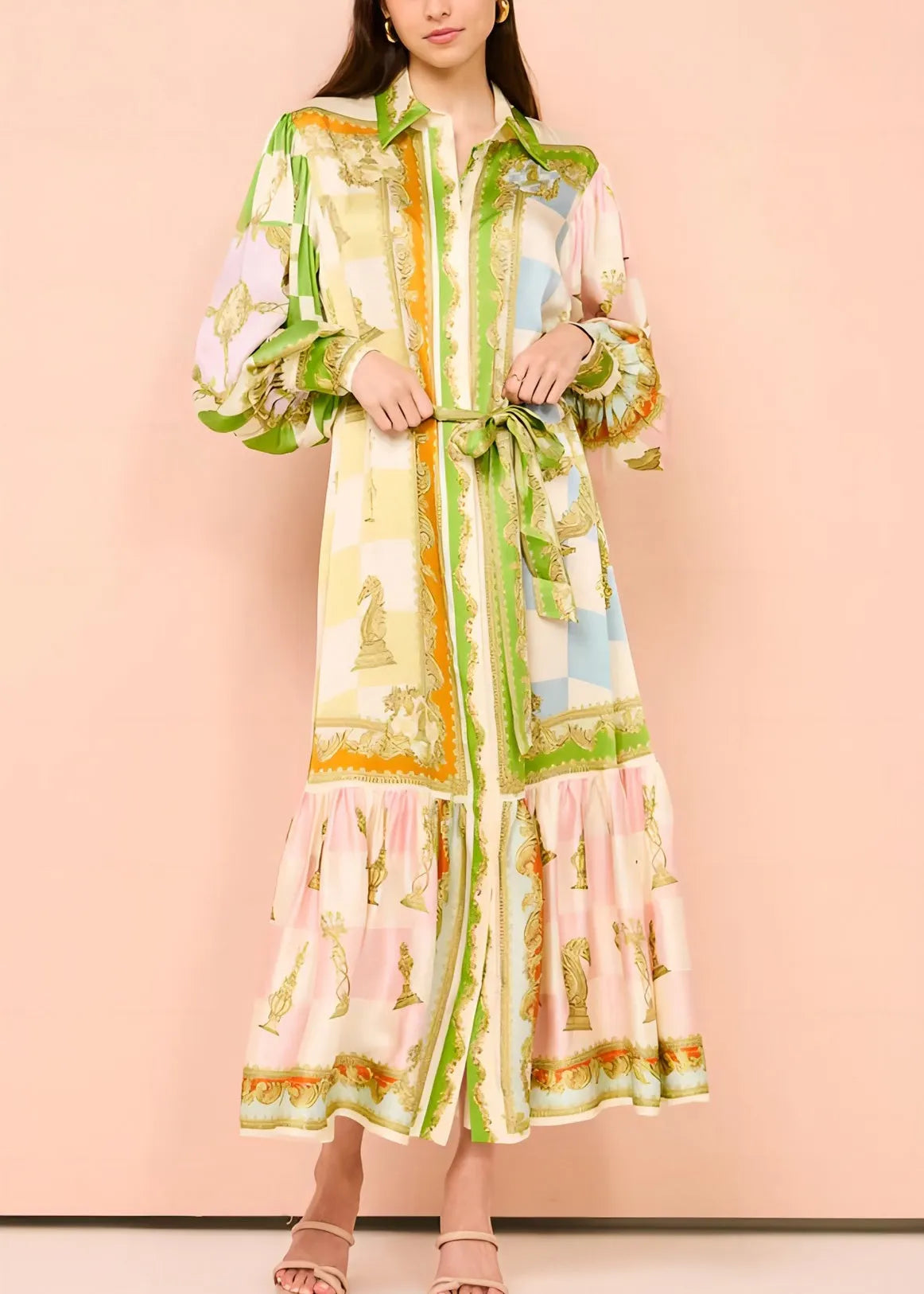 Diy Green Peter Pan Collar Button Tie Waist Maxi Dress Lantern Sleeve