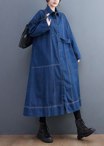 Blue Patchwork Denim Long Trench Coat Peter Pan Collar Long Sleeve Fall