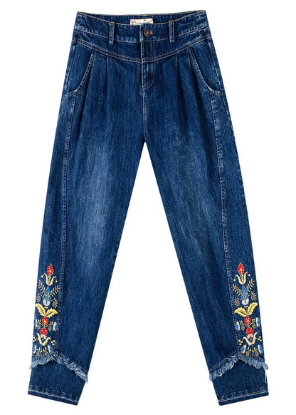 Retro Denim Blue Button Embroideried Straight Pants Spring