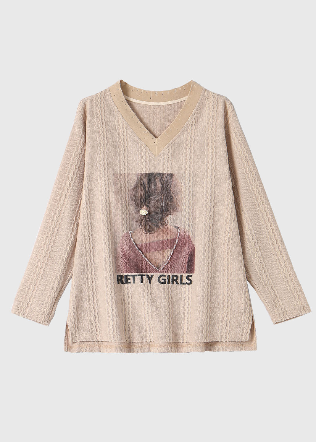 Apricot Print Patchwork Low High Design Tops Long Sleeve