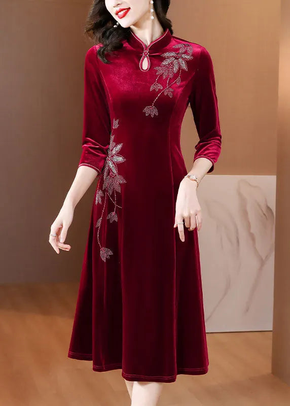 Diy Wine Red Embroideried Slim Silk Velour Long Dress Fall