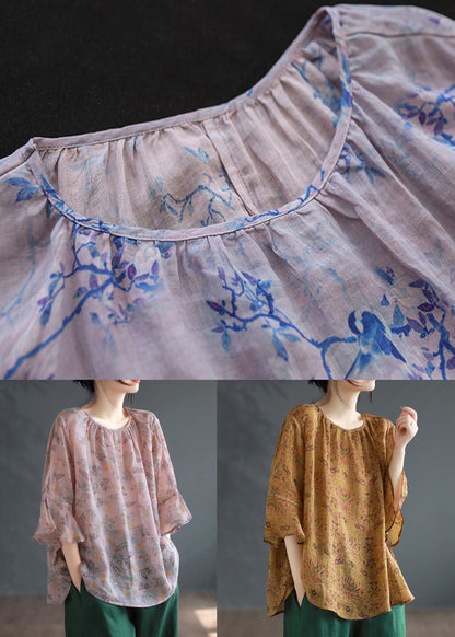 Pink Print Patchwork Linen Shirts Flare Sleeve