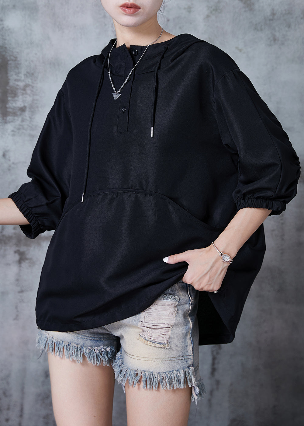 Black Hooded Wrinkled Cotton Pullover Tops Summer
