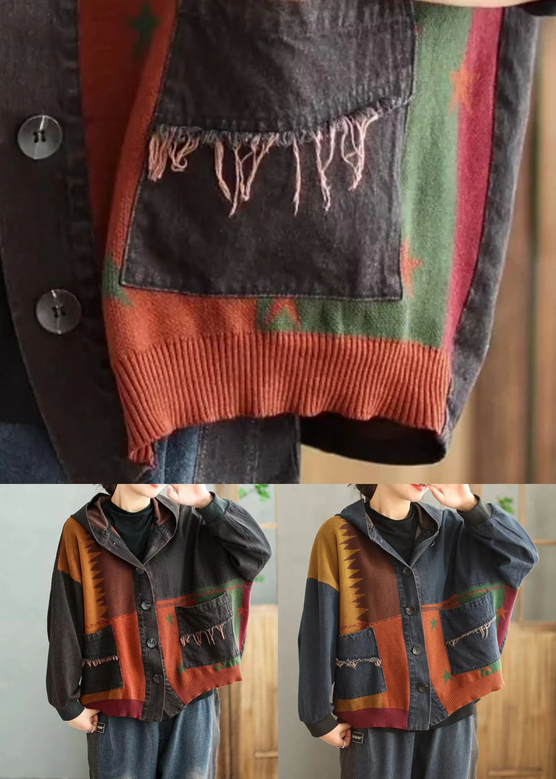 Blue Hooded Pockets Patchwork Denim Coat Spring