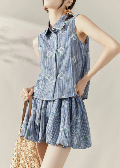 Boutique Blue Print Button Cotton Top and Skirts Two Piece Set Sleeveles