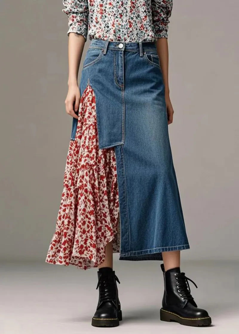 French Blue Asymmetrical Patchwork Denim Skirt Spring