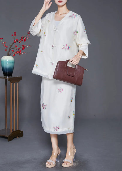 White Embroideried Chinese Button Silk Two-piece Set Fall