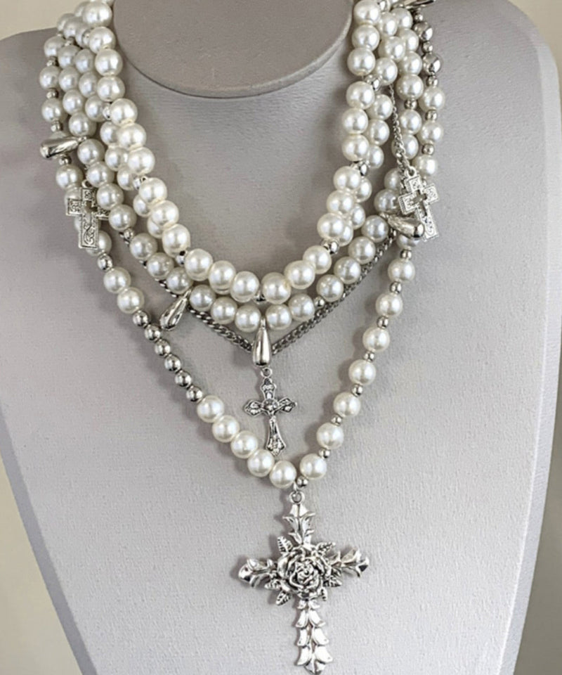 White Alloy Pearl Multilayer Cross Gratuated Bead Necklace