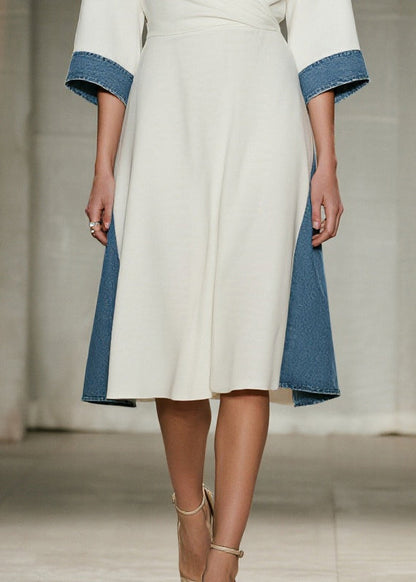 White V Neck Patchwork Denim Day Dress Summer