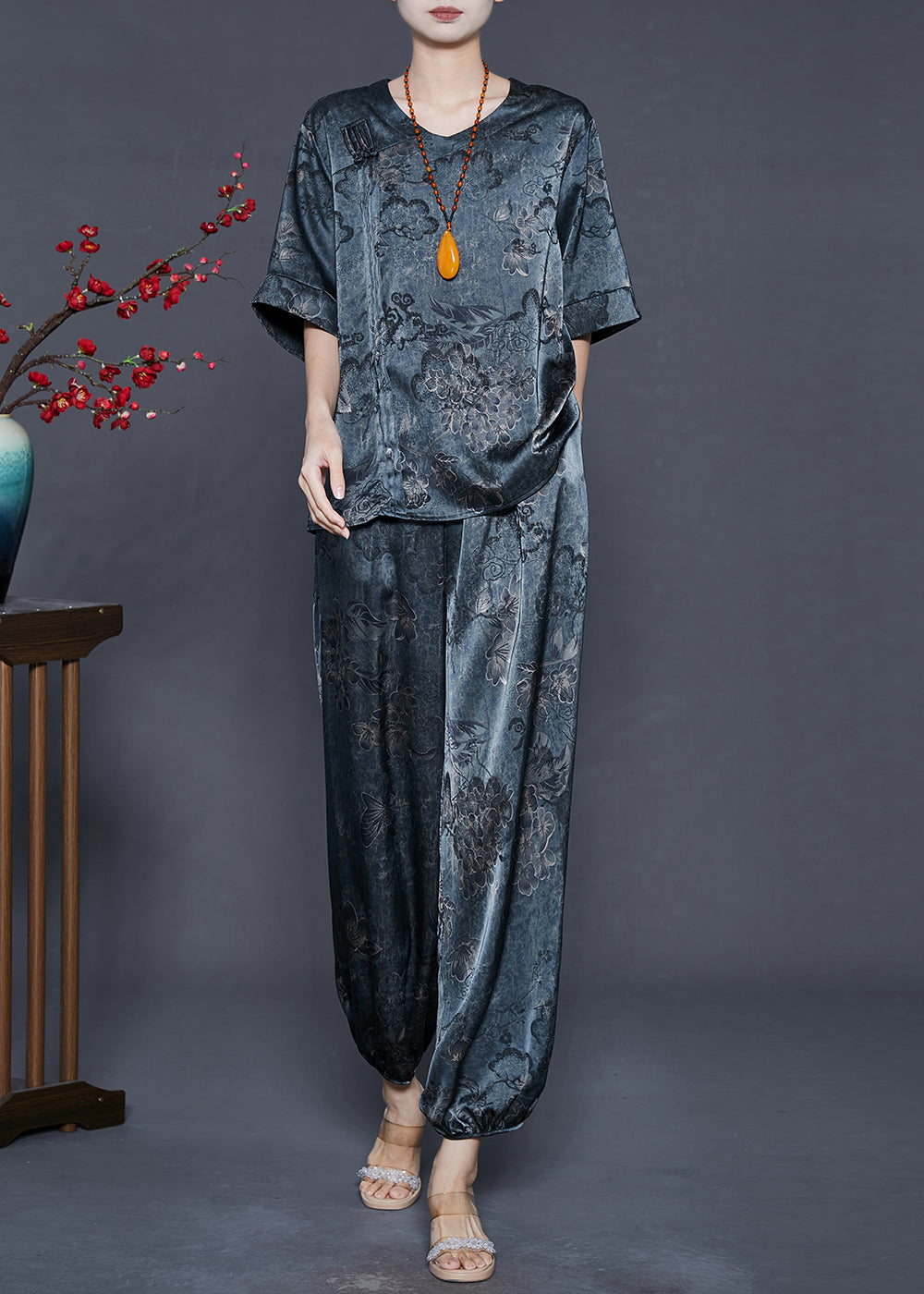 Navy Oversized Print Silk Two Pieces Set Summer