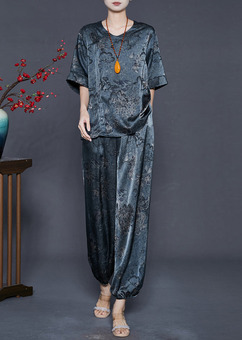 Navy Oversized Print Silk Two Pieces Set Summer