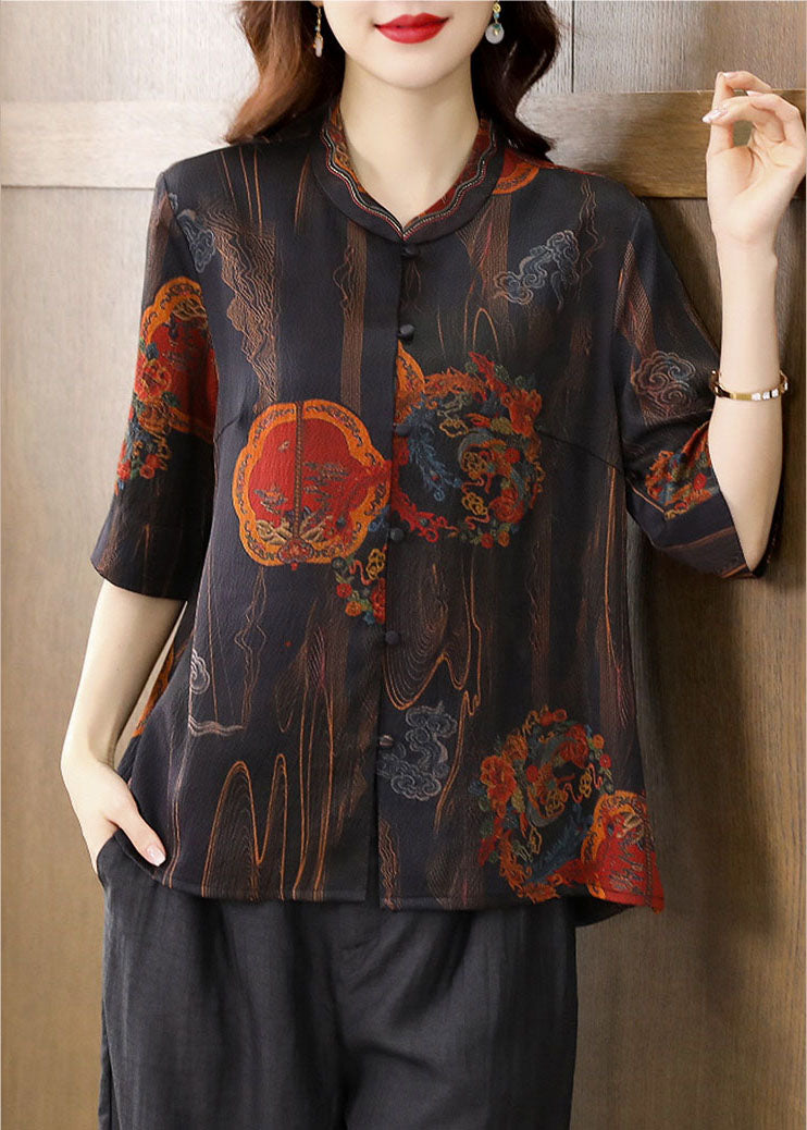 Retro Black Print Stand Collar Button Silk Blouse Top Half Sleeve