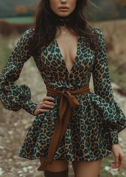 Green Leopard V Neck Print Cotton Mini Dress Lantern Sleeve