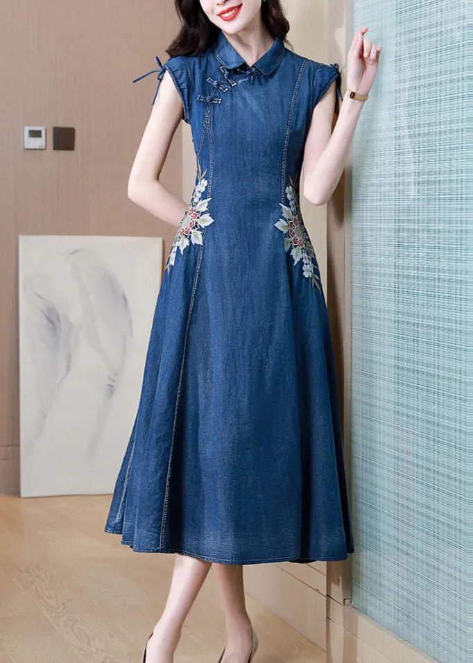 Blue Embroideried Pockets Patchwork Denim Dresses Summer