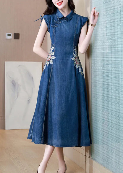 Blue Embroideried Pockets Patchwork Denim Dresses Summer