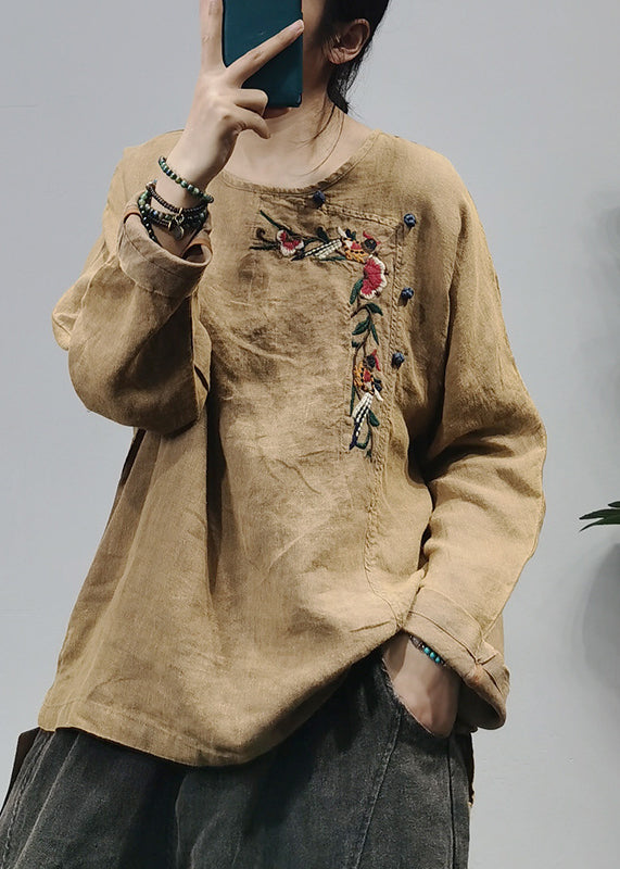 Red O-neck Side Open Embroideried Linen Top Long Sleeve