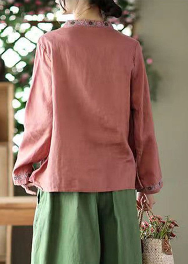 Red Stand Collar Embroideried Linen Shirt Top Long Sleeve