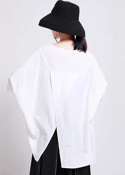 Classy Black O-neck Oversized Side Open Cotton Blouses Batwing Sleeve