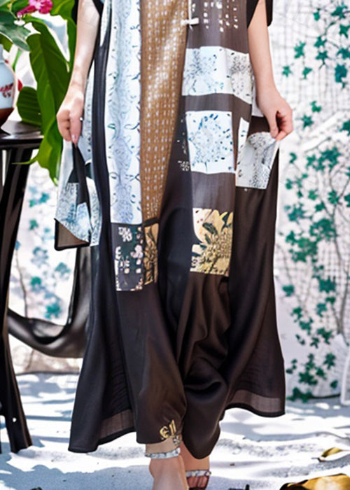 French Brown Button Print Silk Long Dresses Half Sleeve