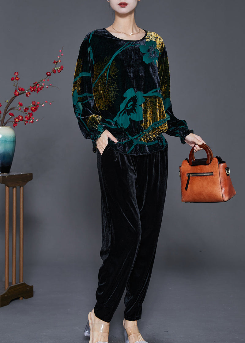 Green Print Oversized Silk Velour Two Pieces Set Fall