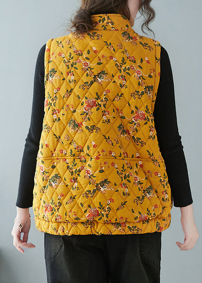 Yellow Chinese Button Print Pockets Cotton Filled Waistcoat Spring