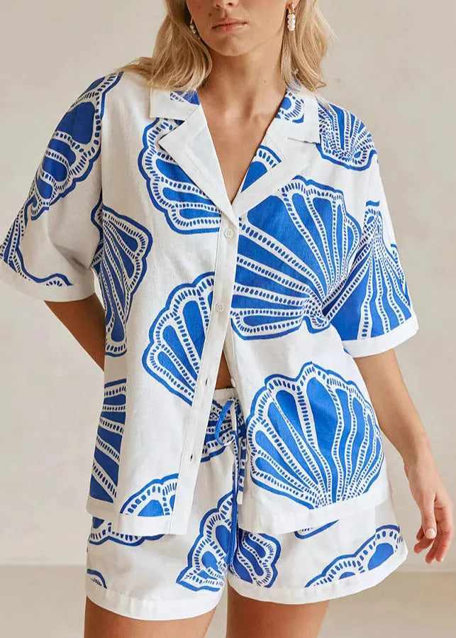 Loose Blue Print Tops and Shorts Two-piece Set Summer