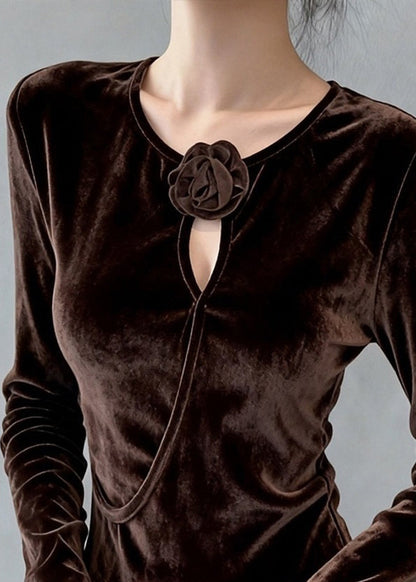 Coffee O Neck Hollow Out Silk Velour T Shirt Top Winter