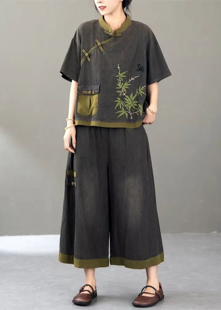 Retro Black Embroidered Pockets Denimtwo Piece Set Short Sleeve